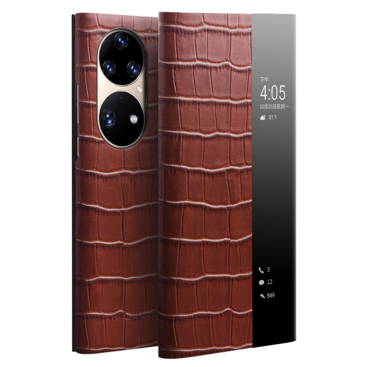 For Huawei P50 QIALINO Crocodile Pattern Side Window View Genuine Leather Phone Case(Brown) - free shipping - PMC TechLife - Order now!