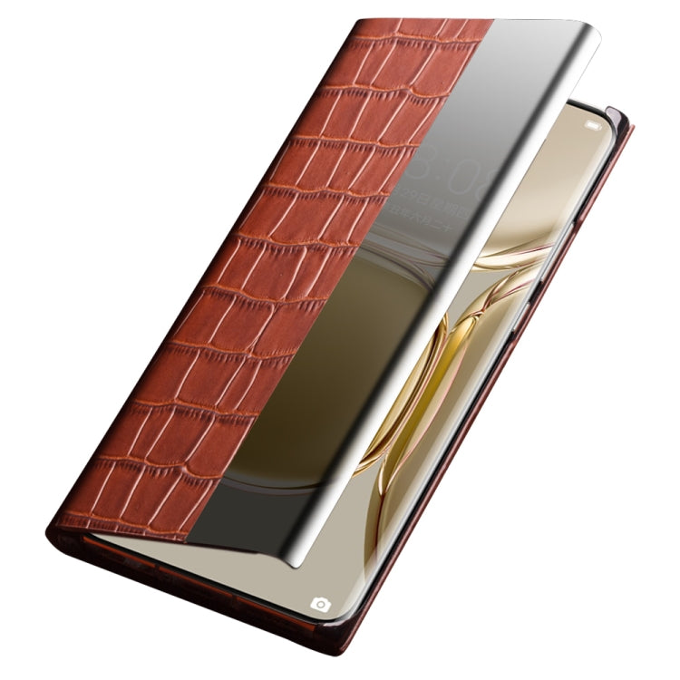 For Huawei P50 QIALINO Crocodile Pattern Side Window View Genuine Leather Phone Case(Brown) - free shipping - PMC TechLife - Order now!