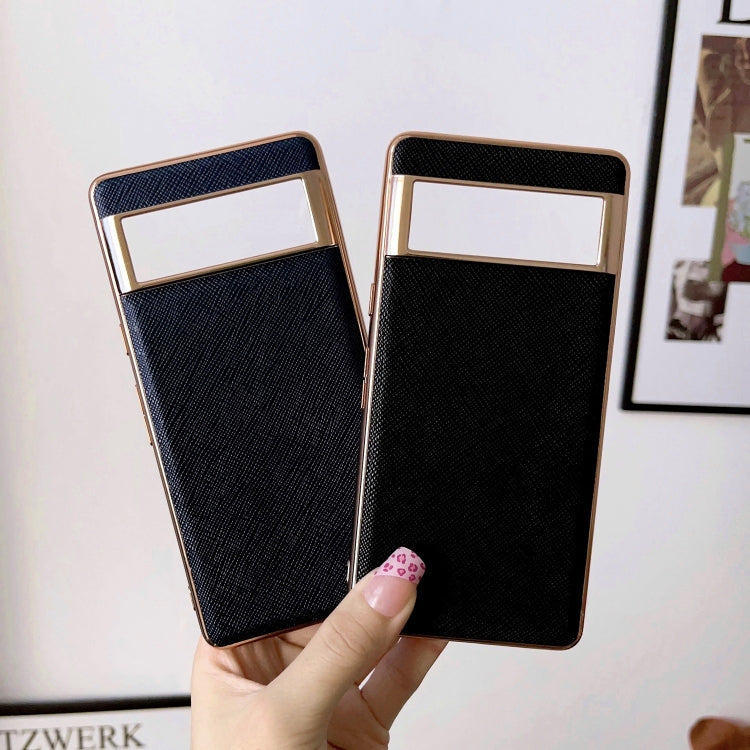 For Google Pixel 6 Nano Electroplating Cross Texture Genuine Leather Phone Case(Green) - Google Cases by PMC TechLife | Online Shopping South Africa | PMC TechLife | Buy Now Pay Later Mobicred