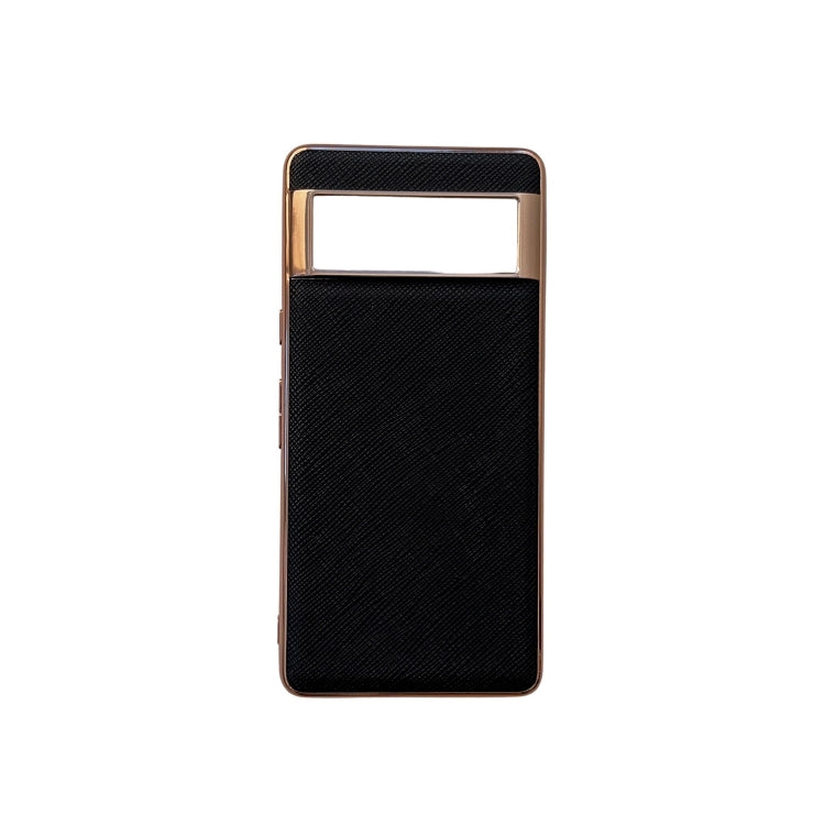 For Google Pixel 7 5G Nano Electroplating Cross Texture Genuine Leather Phone Case(Black) - Google Cases by PMC TechLife | Online Shopping South Africa | PMC TechLife | Buy Now Pay Later Mobicred