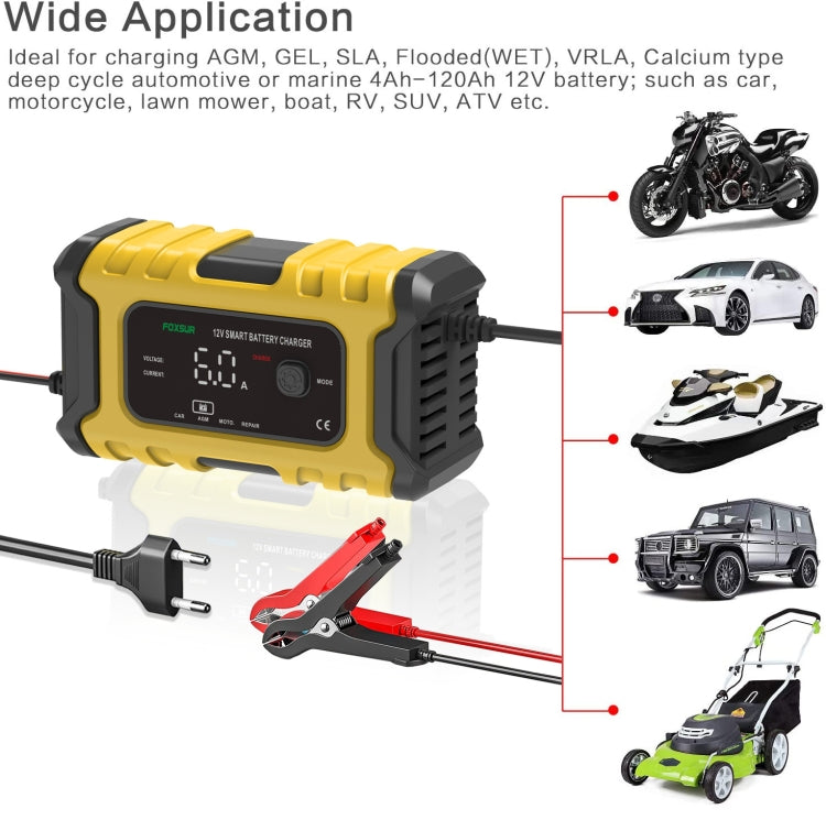 FOXSUR 6A 12V Motorcycle / Car Smart Battery Charger, Plug Type:US Plug(Yellow) - Battery Charger by FOXSUR | Online Shopping South Africa | PMC Jewellery | Buy Now Pay Later Mobicred