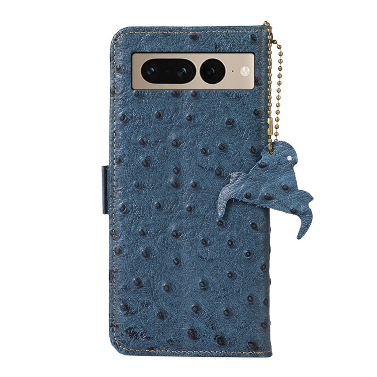 For Google Pixel 7 Ostrich Pattern Genuine Leather RFID Phone Case(Blue) - Google Cases by PMC TechLife | Online Shopping South Africa | PMC TechLife | Buy Now Pay Later Mobicred