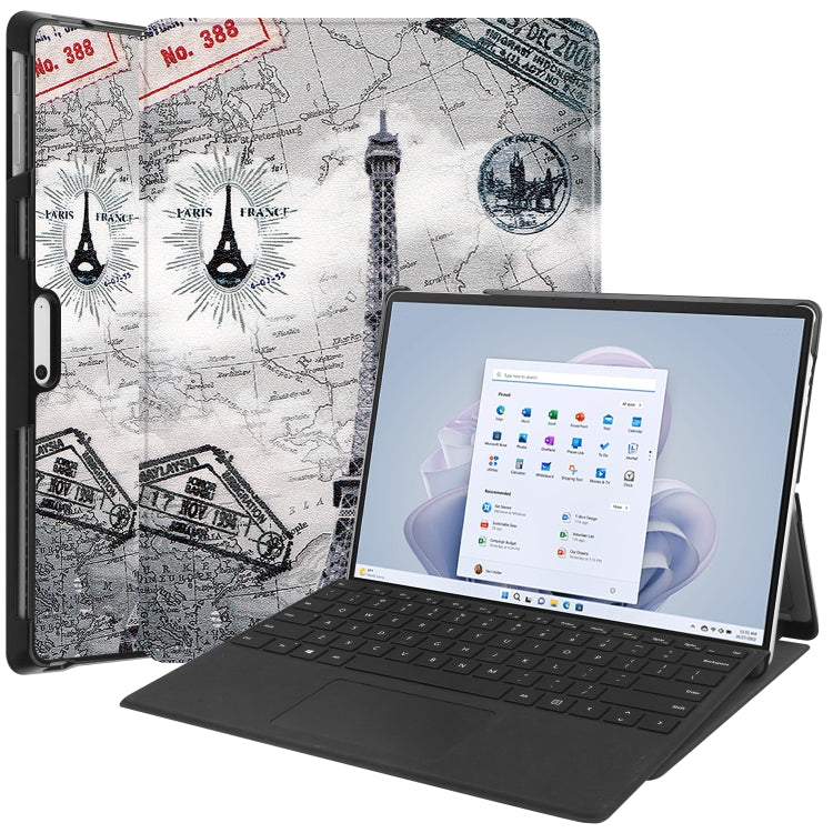 For Microsoft Surface Pro 9 Custer Painted 3-Fold Holder Leather Tablet Case(Retro Tower) - Microsoft by PMC TechLife | Online Shopping South Africa | PMC TechLife | Buy Now Pay Later Mobicred