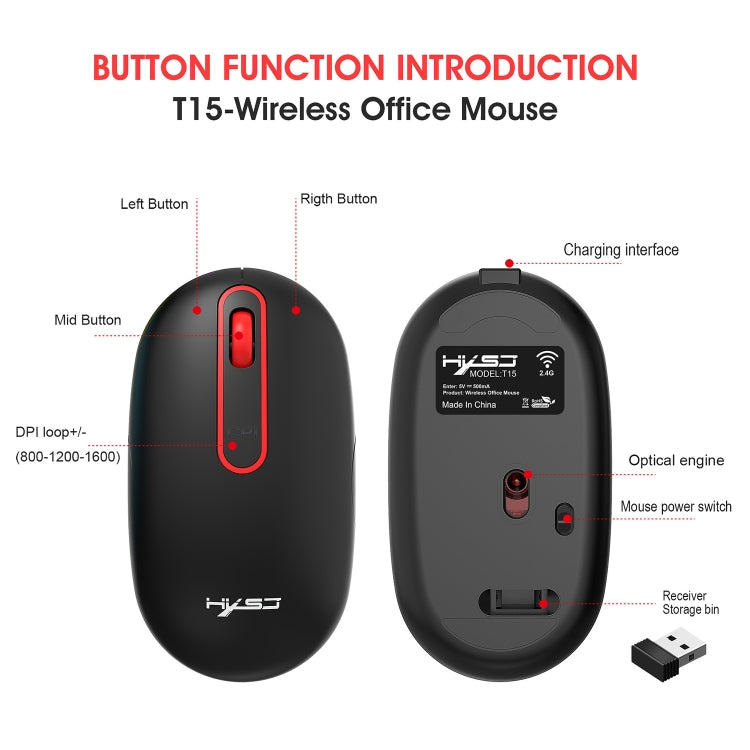 HXSJ T15 2.4GHz 4 Keys Wireless Mute Mouse(Black) - Wireless Mice by HXSJ | Online Shopping South Africa | PMC Jewellery | Buy Now Pay Later Mobicred