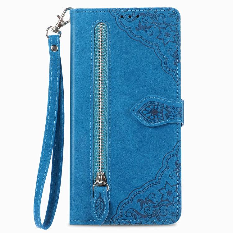 For Blackview A85 Embossed Flower Zipper Leather Phone Case(Blue) - More Brand by PMC Jewellery | Online Shopping South Africa | PMC Jewellery | Buy Now Pay Later Mobicred