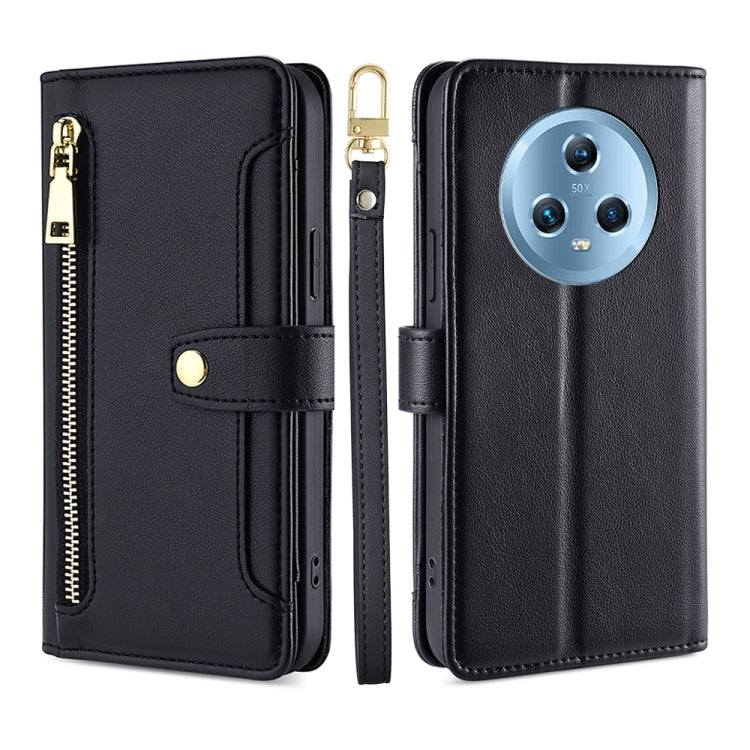 For Honor Magic5 Sheep Texture Cross-body Zipper Wallet Leather Phone Case(Black) - Honor Cases by PMC TechLife | Online Shopping South Africa | PMC TechLife | Buy Now Pay Later Mobicred