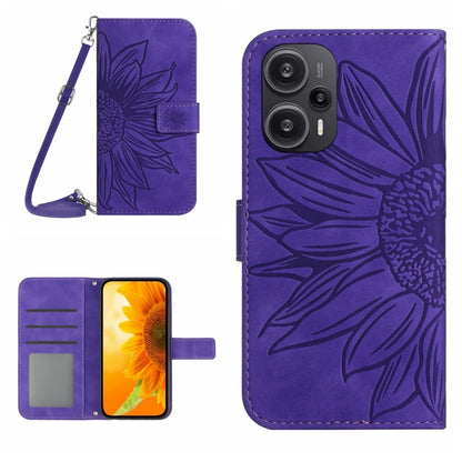 For Xiaomi Poco F5 Skin Feel Sun Flower Embossed Flip Leather Phone Case with Lanyard(Dark Purple) - Xiaomi Cases by PMC Jewellery | Online Shopping South Africa | PMC Jewellery | Buy Now Pay Later Mobicred