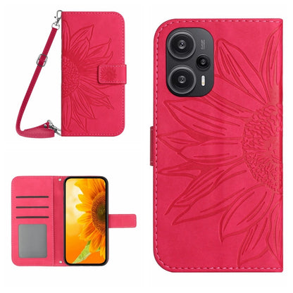 For Xiaomi Poco F5 Skin Feel Sun Flower Embossed Flip Leather Phone Case with Lanyard(Rose Red) - Xiaomi Cases by PMC Jewellery | Online Shopping South Africa | PMC Jewellery | Buy Now Pay Later Mobicred