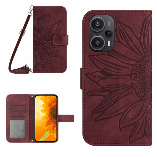 For Xiaomi Poco F5 Skin Feel Sun Flower Embossed Flip Leather Phone Case with Lanyard(Wine Red) - Xiaomi Cases by PMC Jewellery | Online Shopping South Africa | PMC Jewellery | Buy Now Pay Later Mobicred