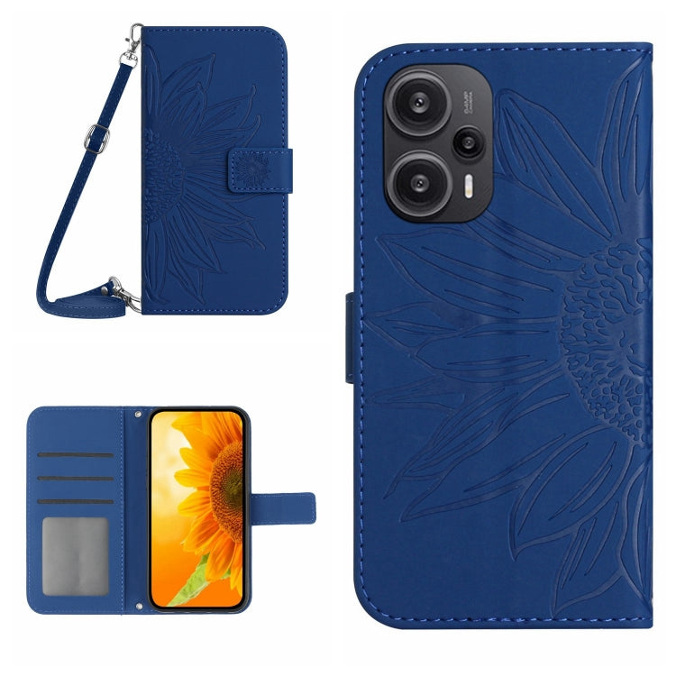 For Xiaomi Poco F5 Skin Feel Sun Flower Embossed Flip Leather Phone Case with Lanyard(Dark Blue) - Xiaomi Cases by PMC Jewellery | Online Shopping South Africa | PMC Jewellery | Buy Now Pay Later Mobicred