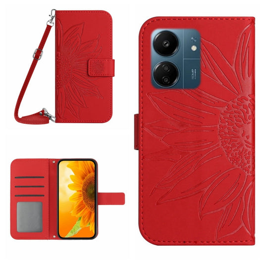 For Xiaomi Redmi 13C 4G Skin Feel Sun Flower Embossed Flip Leather Phone Case with Lanyard(Red) - 13C Cases by PMC Jewellery | Online Shopping South Africa | PMC Jewellery | Buy Now Pay Later Mobicred