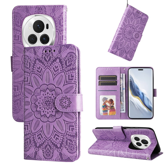 For Honor Magic6 Pro Embossed Sunflower Leather Phone Case(Purple) - Honor Cases by PMC Jewellery | Online Shopping South Africa | PMC Jewellery | Buy Now Pay Later Mobicred