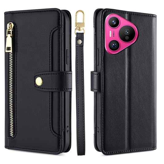 For Huawei Pura 70 5G Sheep Texture Cross-body Zipper Wallet Leather Phone Case(Black) - Huawei Cases by PMC Jewellery | Online Shopping South Africa | PMC Jewellery | Buy Now Pay Later Mobicred