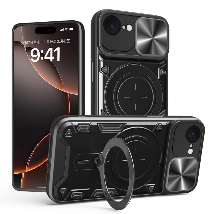 For iPhone 16e CD Texture Sliding Camshield Magnetic Holder Phone Case(Black) - iPhone 16e Cases by PMC TechLife | Online Shopping South Africa | PMC TechLife | Buy Now Pay Later Mobicred