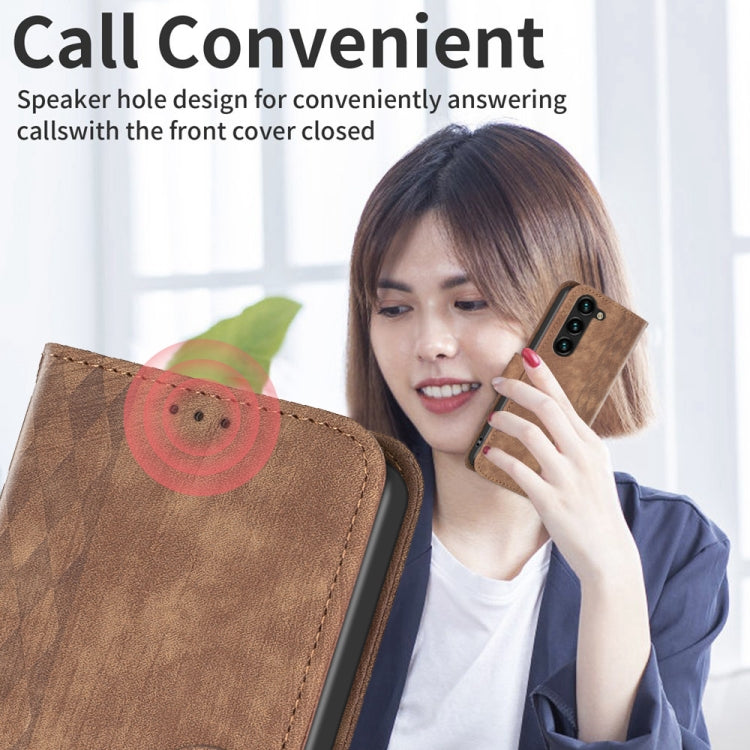 For Samsung Galaxy S24+ 5G Plaid Embossed Leather Phone Case(Brown) - Galaxy S24+ 5G Cases by PMC TechLife | Online Shopping South Africa | PMC TechLife