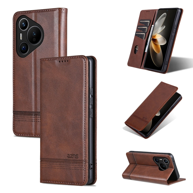 For Huawei Pura 70 Fine Hole AZNS Magnetic Calf Texture Flip Leather Phone Case(Dark Brown) - Huawei Cases by AZNS | Online Shopping South Africa | PMC Jewellery | Buy Now Pay Later Mobicred