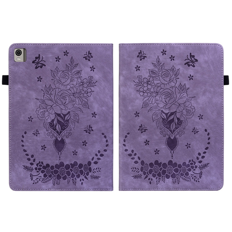 For Nokia T21 Butterfly Rose Embossed Leather Tablet Case(Purple) - Honor Cases by PMC TechLife | Online Shopping South Africa | PMC TechLife | Buy Now Pay Later Mobicred
