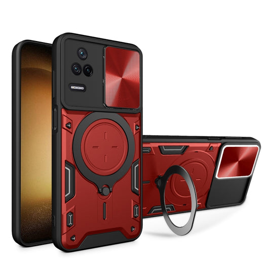 For Xiaomi Redmi K40S / Poco F4 CD Texture Sliding Camshield Magnetic Holder Phone Case(Red) - Xiaomi Cases by PMC Jewellery | Online Shopping South Africa | PMC Jewellery | Buy Now Pay Later Mobicred