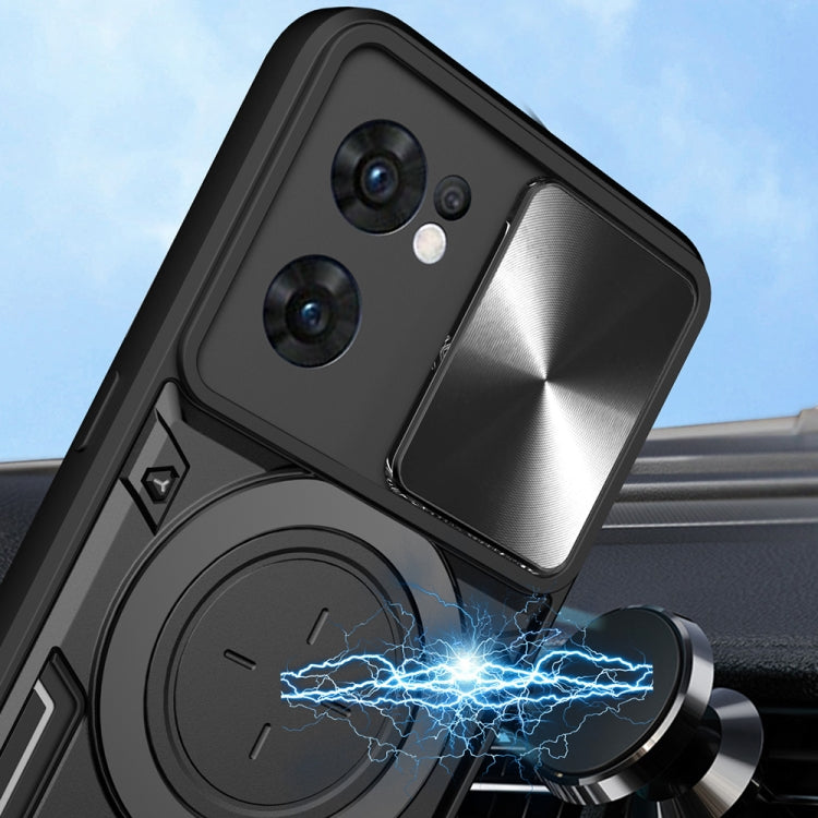 For OPPO Reno7 5G CD Texture Sliding Camshield Magnetic Holder Phone Case(Purple) - OPPO Cases by PMC TechLife | Online Shopping South Africa | PMC TechLife | Buy Now Pay Later Mobicred
