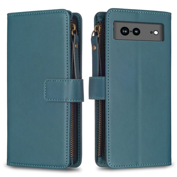 For Google Pixel 7a 9 Card Slots Zipper Wallet Leather Flip Phone Case(Green) - Google Cases by PMC Jewellery | Online Shopping South Africa | PMC Jewellery | Buy Now Pay Later Mobicred