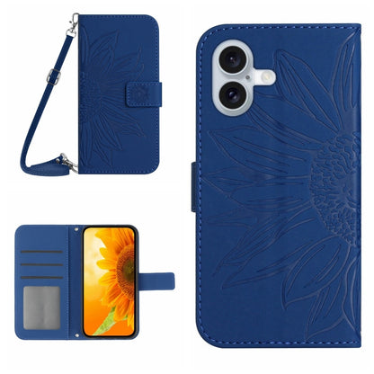 For iPhone 16 Skin Feel Sun Flower Embossed Flip Leather Phone Case with Lanyard(Dark Blue) - iPhone 16 Cases by PMC Jewellery | Online Shopping South Africa | PMC Jewellery | Buy Now Pay Later Mobicred