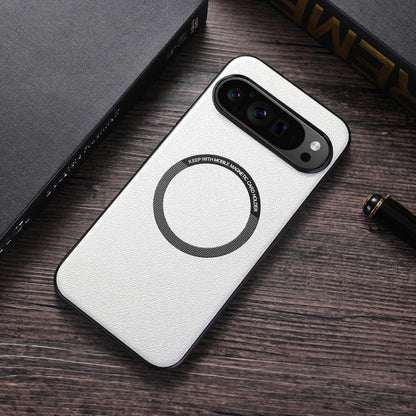 For Google Pixel 9 Pro Magsafe Magnetic Ring Leather Texture Phone Case(White) - Google Cases by PMC Jewellery | Online Shopping South Africa | PMC Jewellery | Buy Now Pay Later Mobicred