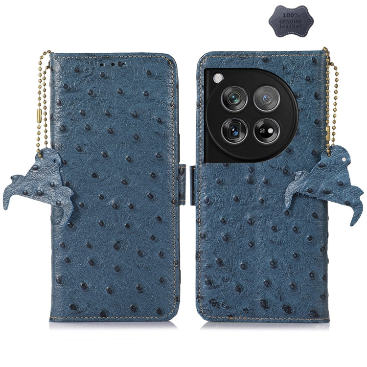 For OnePlus 12 Ostrich Pattern Genuine Leather RFID Phone Case(Blue) - OnePlus Cases by PMC TechLife | Online Shopping South Africa | PMC TechLife | Buy Now Pay Later Mobicred