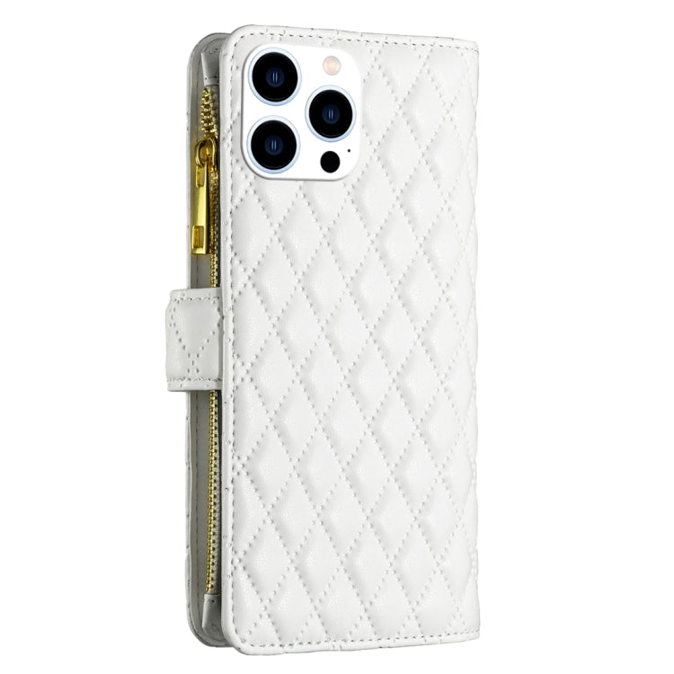 For iPhone 16 Pro Max Diamond Lattice Zipper Wallet Leather Flip Phone Case(White) - iPhone 16 Pro Max Cases by PMC Jewellery | Online Shopping South Africa | PMC Jewellery | Buy Now Pay Later Mobicred