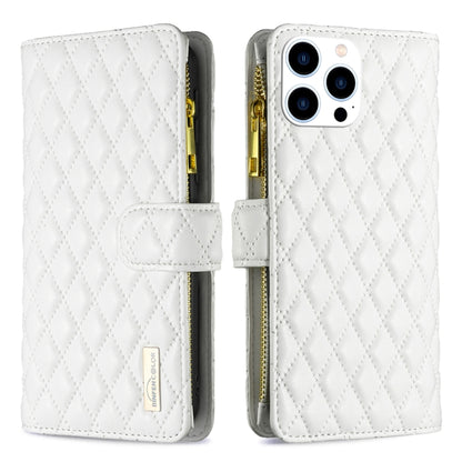 For iPhone 16 Pro Diamond Lattice Zipper Wallet Leather Flip Phone Case(White) - iPhone 16 Pro Cases by PMC Jewellery | Online Shopping South Africa | PMC Jewellery | Buy Now Pay Later Mobicred