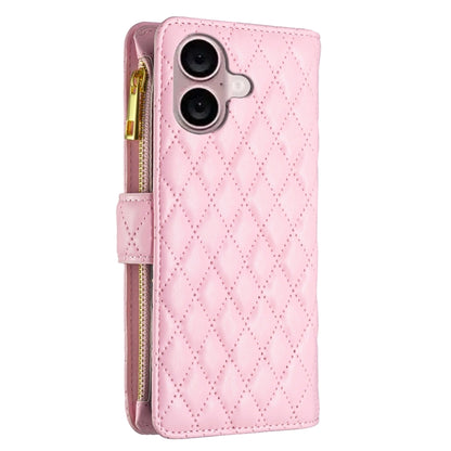 For iPhone 16 Diamond Lattice Zipper Wallet Leather Flip Phone Case(Pink) - iPhone 16 Cases by PMC Jewellery | Online Shopping South Africa | PMC Jewellery | Buy Now Pay Later Mobicred