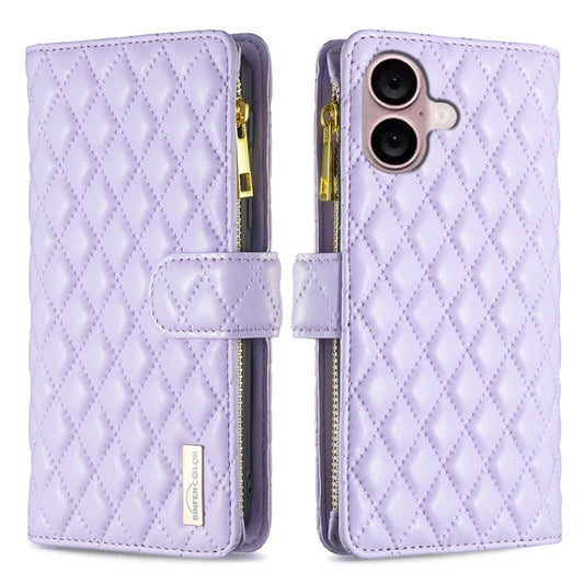 For iPhone 16 Diamond Lattice Zipper Wallet Leather Flip Phone Case(Purple) - iPhone 16 Cases by PMC Jewellery | Online Shopping South Africa | PMC Jewellery | Buy Now Pay Later Mobicred