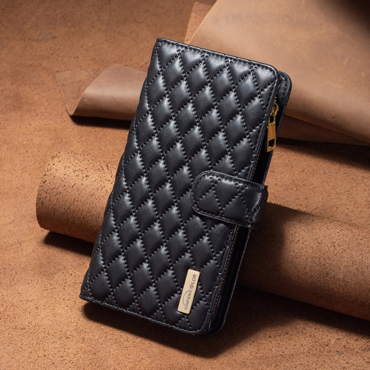 For iPhone 16 Plus Diamond Lattice Zipper Wallet Leather Flip Phone Case(Black) - iPhone 16 Plus Cases by PMC Jewellery | Online Shopping South Africa | PMC Jewellery | Buy Now Pay Later Mobicred