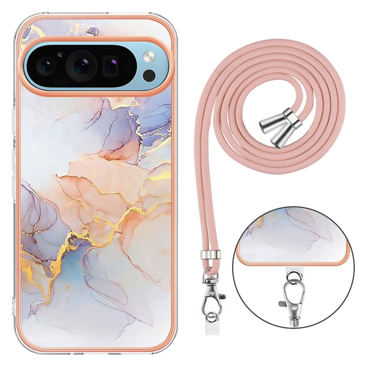 For Google Pixel 9 / 9 Pro Electroplating IMD TPU Phone Case with Lanyard(White Marble) - Google Cases by PMC Jewellery | Online Shopping South Africa | PMC Jewellery | Buy Now Pay Later Mobicred