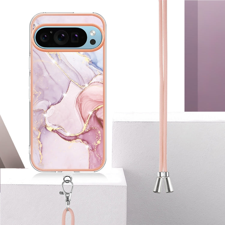 For Google Pixel 9 / 9 Pro Electroplating Marble Dual-side IMD Phone Case with Lanyard(Rose Gold 005) - Google Cases by PMC Jewellery | Online Shopping South Africa | PMC Jewellery | Buy Now Pay Later Mobicred