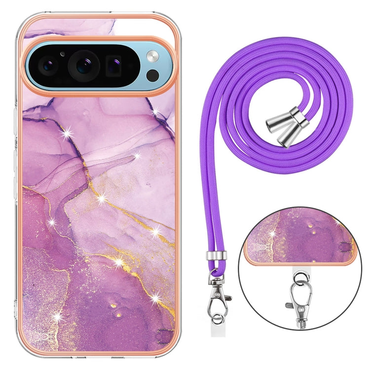 For Google Pixel 9 Pro XL Electroplating Marble Dual-side IMD Phone Case with Lanyard(Purple 001) - Google Cases by PMC Jewellery | Online Shopping South Africa | PMC Jewellery | Buy Now Pay Later Mobicred