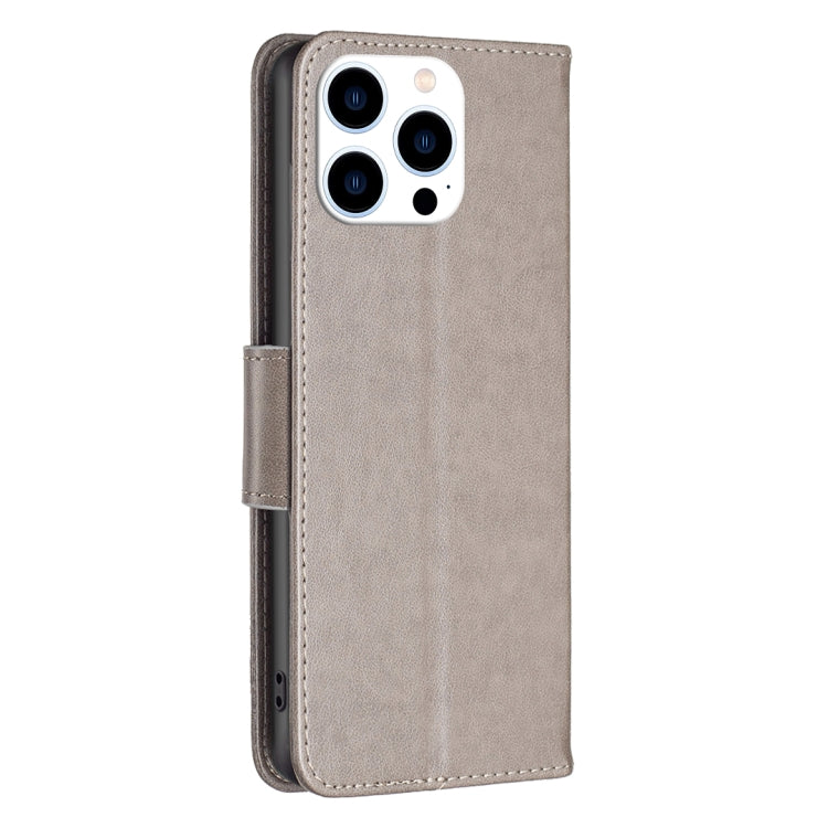 For iPhone 16 Pro Embossing Two Butterflies Pattern Leather Phone Case(Grey) - iPhone 16 Pro Cases by PMC Jewellery | Online Shopping South Africa | PMC Jewellery | Buy Now Pay Later Mobicred