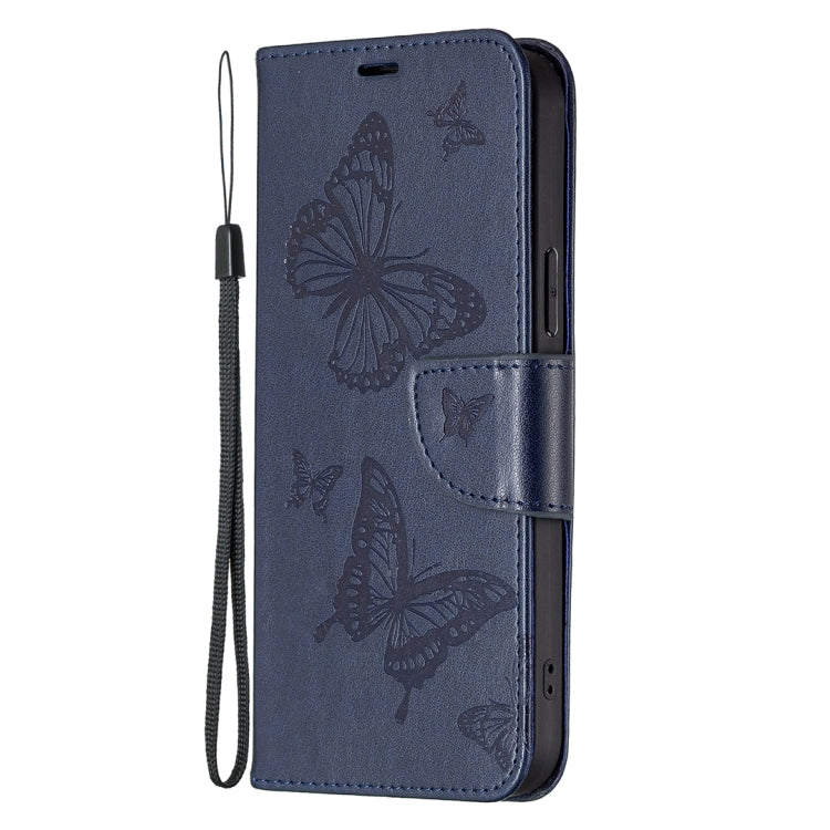 For iPhone 16 Plus Embossing Two Butterflies Pattern Leather Phone Case(Blue) - iPhone 16 Plus Cases by PMC Jewellery | Online Shopping South Africa | PMC Jewellery | Buy Now Pay Later Mobicred