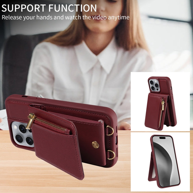 For iPhone 16 Pro Max Crossbody Lanyard Zipper Wallet Leather Phone Case(Wine Red) - iPhone 16 Pro Max Cases by PMC Jewellery | Online Shopping South Africa | PMC Jewellery | Buy Now Pay Later Mobicred