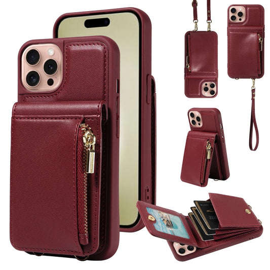 For iPhone 16 Pro Crossbody Lanyard Zipper Wallet Leather Phone Case(Wine Red) - iPhone 16 Pro Cases by PMC Jewellery | Online Shopping South Africa | PMC Jewellery | Buy Now Pay Later Mobicred