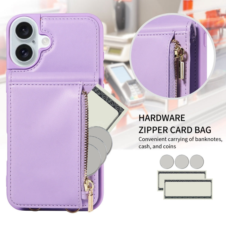 For iPhone 16 Plus Crossbody Lanyard Zipper Wallet Leather Phone Case(Purple) - iPhone 16 Plus Cases by PMC Jewellery | Online Shopping South Africa | PMC Jewellery | Buy Now Pay Later Mobicred