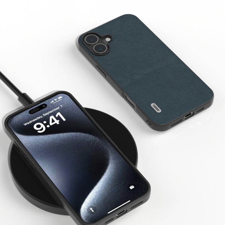 For iPhone 16 Plus ABEEL Genuine Leather Wave Black Edge Phone Case(Green) - iPhone 16 Plus Cases by PMC TechLife | Online Shopping South Africa | PMC TechLife | Buy Now Pay Later Mobicred
