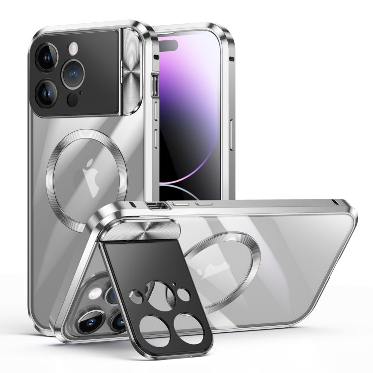 For iPhone 14 Pro Max Large Window Holder MagSafe Magnetic Metal Phone Case(Silver) - iPhone 14 Pro Max Cases by PMC Jewellery | Online Shopping South Africa | PMC Jewellery