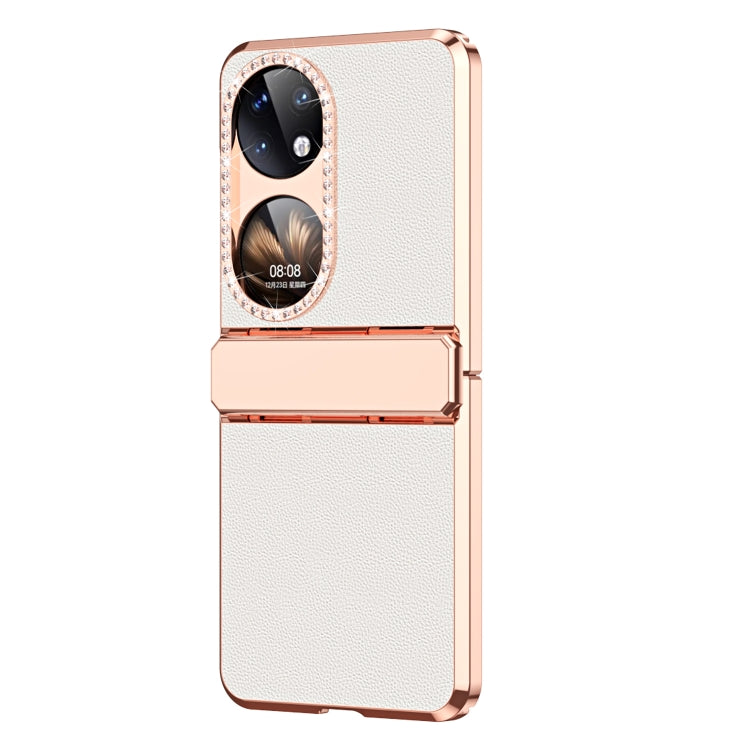 For Huawei P50 Pocket Plated Plain Leather Folding Phone Case with Hinge(White) - Huawei Cases by PMC TechLife | Online Shopping South Africa | PMC TechLife | Buy Now Pay Later Mobicred