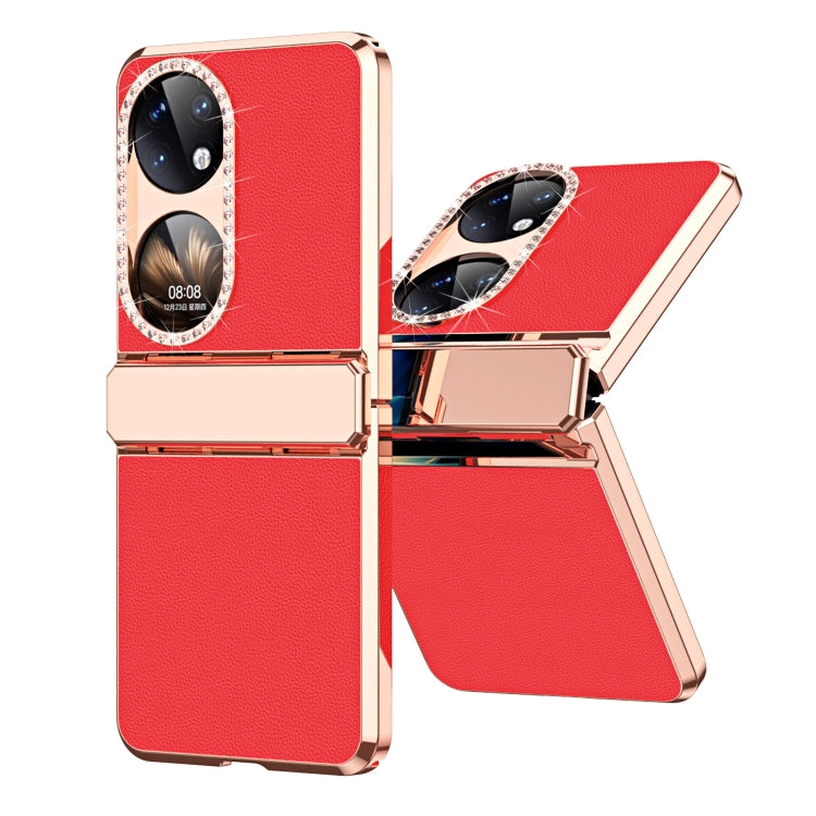 For Huawei P50 Pocket Plated Plain Leather Folding Phone Case with Hinge(Red) - Huawei Cases by PMC TechLife | Online Shopping South Africa | PMC TechLife | Buy Now Pay Later Mobicred