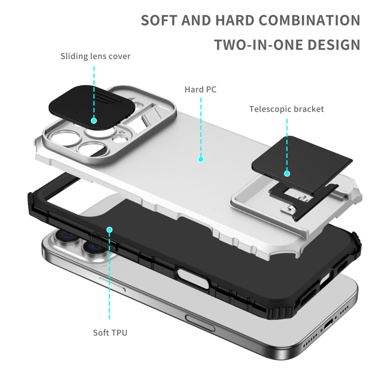 For iPhone 16 Pro Stereoscopic Holder Sliding Camshield Phone Case(White) - iPhone 16 Pro Cases by PMC TechLife | Online Shopping South Africa | PMC TechLife | Buy Now Pay Later Mobicred