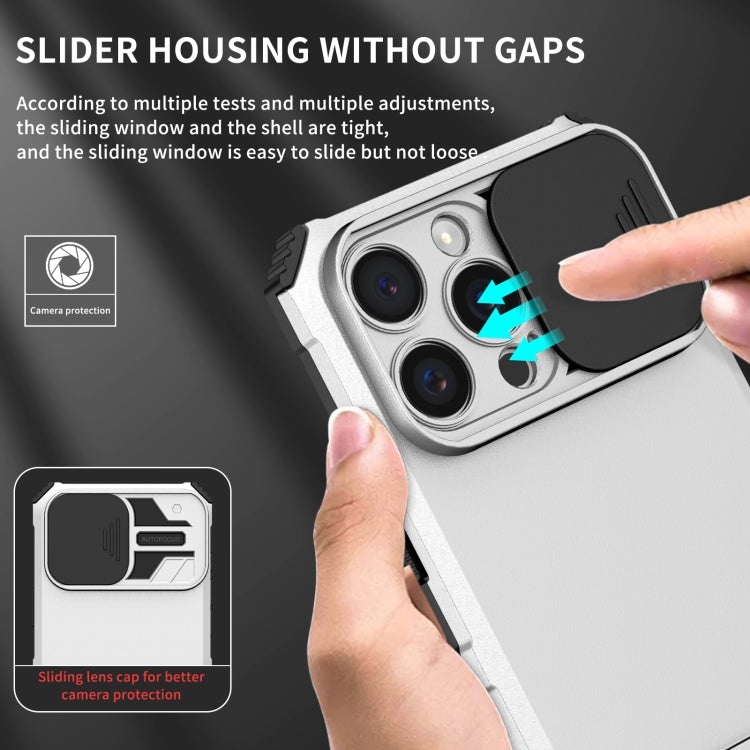 For iPhone 16 Pro Stereoscopic Holder Sliding Camshield Phone Case(White) - iPhone 16 Pro Cases by PMC TechLife | Online Shopping South Africa | PMC TechLife | Buy Now Pay Later Mobicred