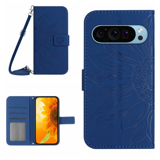 For Google Pixel 9 Pro Skin Feel Sun Flower Embossed Flip Leather Phone Case with Lanyard(Dark Blue) - Google Cases by PMC Jewellery | Online Shopping South Africa | PMC Jewellery | Buy Now Pay Later Mobicred