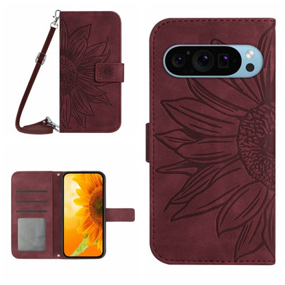 For Google Pixel 9 Pro Skin Feel Sun Flower Embossed Flip Leather Phone Case with Lanyard(Wine Red) - Google Cases by PMC Jewellery | Online Shopping South Africa | PMC Jewellery | Buy Now Pay Later Mobicred