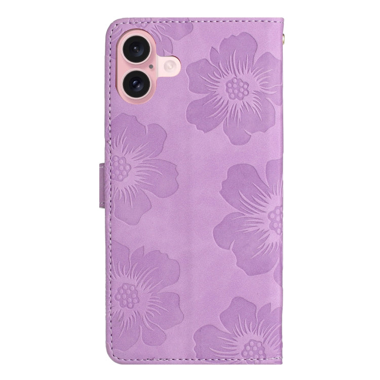 For iPhone 16 Flower Embossing Pattern Leather Phone Case(Purple) - iPhone 16 Cases by PMC Jewellery | Online Shopping South Africa | PMC Jewellery | Buy Now Pay Later Mobicred