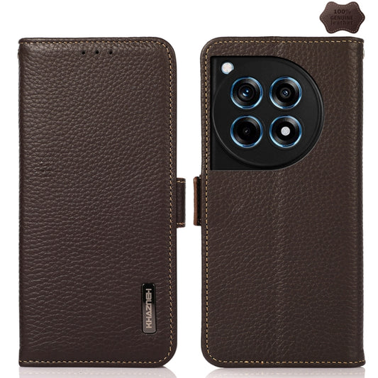 For OnePlus 12R KHAZNEH Side-Magnetic Litchi Genuine Leather RFID Phone Case(Brown) - OnePlus Cases by PMC Jewellery | Online Shopping South Africa | PMC Jewellery | Buy Now Pay Later Mobicred